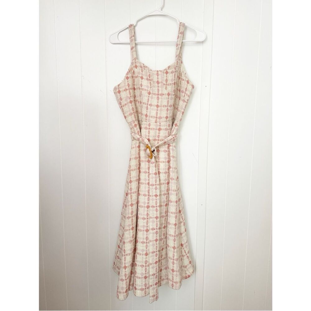 English factory belted tweed fit and flare midi dress pink - Picture 3 of 6